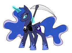 Size: 2908x2148 | Tagged: safe, artist:horizon, derpibooru import, princess luna, alicorn, pony, fall of the crystal empire, armor, female, folded wings, glowing horn, horn, looking at you, mare, nightmare luna, scythe, simple background, solo, standing, white background, wings