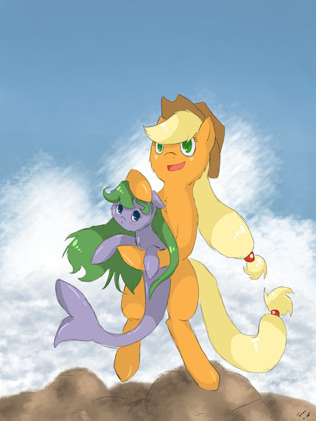 Size: 2400x3200 | Tagged: safe, artist:tomat-in-cup, derpibooru import, oc, earth pony, original species, pony, shark, shark pony, bipedal, duo, female, hat, holding a pony, mare, open mouth, petting, smiling