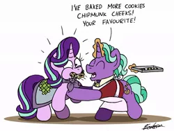 Size: 1024x775 | Tagged: safe, artist:bobthedalek, derpibooru import, firelight, starlight glimmer, pony, unicorn, apron, blanket, chipmunk cheeks, clothes, cookie, father and child, father and daughter, fathers gonna father, female, food, jacket, male, newbie artist training grounds
