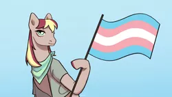 Size: 3790x2146 | Tagged: safe, artist:easery, derpibooru import, oc, oc:brown betty, unofficial characters only, earth pony, pony, blue background, clothes, commission, flag, handkerchief, neckerchief, pride flag, simple background, smiling, trans pride flag, when she smiles, ych result