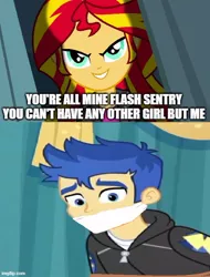 Size: 500x657 | Tagged: safe, artist:mlpfan3991, derpibooru import, edit, edited screencap, screencap, flash sentry, sunset shimmer, equestria girls, caption, female, flashimmer, image macro, implied kidnapping, it came from deviantart, male, shipping, shipping domino, straight, text