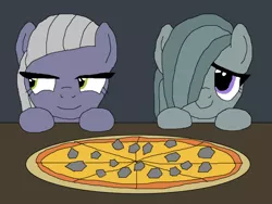 Size: 1000x750 | Tagged: safe, artist:nopony, derpibooru import, limestone pie, marble pie, earth pony, pony, atg 2020, cute, duo, female, food, hooves on the table, limabetes, marblebetes, mare, newbie artist training grounds, pie sisters, pizza, rock, siblings, sisters