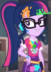 Size: 764x1080 | Tagged: safe, derpibooru import, screencap, sci-twi, twilight sparkle, equestria girls, equestria girls series, sunset's backstage pass!, spoiler:eqg series (season 2), bangs, clothes, collar, cropped, cute, female, glasses, hand on hip, indoors, lidded eyes, music festival outfit, paint, ponytail, public restroom, raised eyebrow, short sleeves, skirt, smiling, talking, twiabetes, wristband