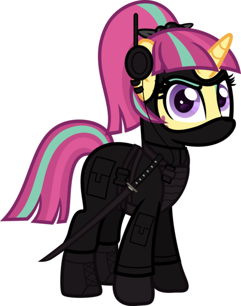 Size: 5000x6334 | Tagged: safe, artist:n0kkun, derpibooru import, sour sweet, ponified, pony, unicorn, armor, belt, body armor, boots, clothes, commission, disguise, disguised changeling, ear piercing, earring, equestria girls ponified, eyeshadow, female, freckles, gloves, headset, jacket, jewelry, katana, makeup, mare, mask, ninja, pants, piercing, shoes, simple background, smiling, smirk, solo, sword, transparent background, weapon