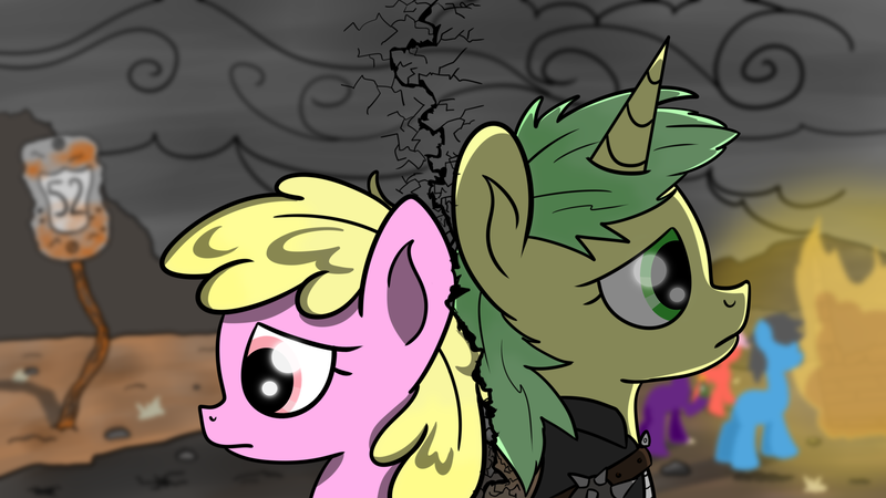 Size: 1920x1080 | Tagged: artist:la hum, cloud, cracks, derpibooru import, fallout equestria, fallout equestria: pink eyes, fanfic art, fire, green eyes, mountain, not piper, oc, oc:puppysmiles, pink eyes, raider, route 52, safe, sign, smoke, street sign, unofficial characters only