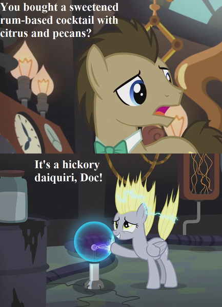 Size: 832x1152 | Tagged: safe, derpibooru import, edit, edited screencap, screencap, derpy hooves, doctor whooves, time turner, earth pony, pegasus, pony, slice of life (episode), cropped, cute, derpabetes, dialogue, doctor whooves' lab, duo, female, male, mare, plasma ball, pun, stallion