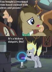 Size: 832x1152 | Tagged: safe, derpibooru import, edit, edited screencap, screencap, derpy hooves, doctor whooves, time turner, earth pony, pegasus, pony, slice of life (episode), cropped, cute, derpabetes, dialogue, doctor whooves' lab, duo, female, male, mare, plasma ball, pun, stallion