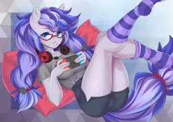 Size: 4092x2893 | Tagged: suggestive, artist:sherr, derpibooru import, oc, oc:cinnabyte, unofficial characters only, anthro, earth pony, plantigrade anthro, adorkable, breasts, cameltoe, clothes, commission, cute, dork, gaming headset, glasses, headphones, headset, nintendo switch, shirt, skirt, smiling, socks, striped socks, switch, your character here