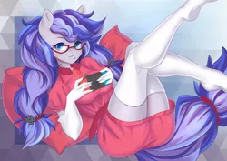Size: 4092x2893 | Tagged: safe, artist:sherr, derpibooru import, oc, oc:cinnabyte, unofficial characters only, anthro, earth pony, plantigrade anthro, adorkable, clothes, commission, cute, dork, dress, glasses, nintendo switch, shirt, smiling, socks, stockings, switch, thigh highs, your character here