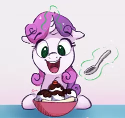 Size: 2048x1925 | Tagged: safe, artist:thefloatingtree, derpibooru import, sweetie belle, pony, unicorn, atg 2020, banana, bowl, cherry, chocolate, cute, diasweetes, female, filly, floppy ears, food, ice cream, magic, newbie artist training grounds, no pupils, open mouth, solo, spoon, sundae, telekinesis, this will end in diabetes, this will end in weight gain