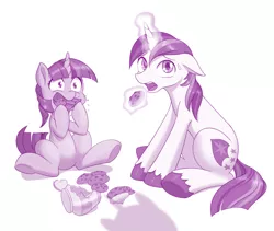 Size: 1280x1081 | Tagged: safe, artist:dstears, derpibooru import, shining armor, twilight sparkle, pony, unicorn, atg 2020, broken, brother and sister, caught, colored hooves, cookie, cookie jar, duo, eating, female, filly, filly twilight sparkle, floppy ears, food, gentlemen, implied twilight velvet, jar, levitation, magic, male, monochrome, newbie artist training grounds, open mouth, purple, siblings, simple background, sitting, sparkle siblings, sweat, sweatdrop, teenager, telekinesis, this will end in grounding, unicorn twilight, unshorn fetlocks, white background, younger