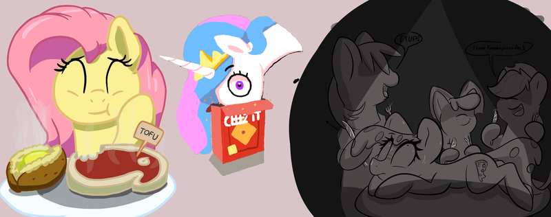 Size: 1920x758 | Tagged: source needed, safe, artist:ponyhell, derpibooru import, apple bloom, applejack, big macintosh, fluttershy, princess celestia, ponified, alicorn, earth pony, food pony, original species, pegasus, pizza pony, pony, :t, atg 2020, baked potato, box, cheez-it, dexterous hooves, eyes closed, food, fork, knife, looking at you, newbie artist training grounds, pizza, potato, shadowed face, tofu (food), wide eyes