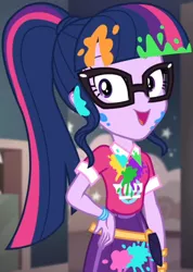 Size: 770x1080 | Tagged: safe, derpibooru import, screencap, sci-twi, twilight sparkle, equestria girls, equestria girls series, sunset's backstage pass!, spoiler:eqg series (season 2), bangs, clothes, collar, cropped, cute, female, glasses, hand on hip, indoors, messy, music festival outfit, paint, ponytail, public restroom, shirt, short sleeves, skirt, smiling, talking, twiabetes, wristband