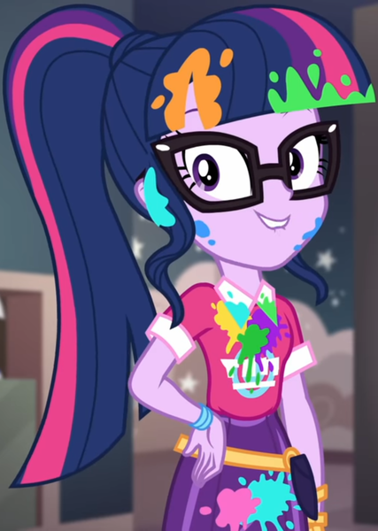 Size: 769x1080 | Tagged: safe, derpibooru import, screencap, sci-twi, twilight sparkle, equestria girls, equestria girls series, sunset's backstage pass!, spoiler:eqg series (season 2), bangs, clothes, collar, cropped, cute, female, glasses, hand on hip, indoors, lip bite, messy, music festival outfit, paint, ponytail, public restroom, shirt, short sleeves, skirt, smiling, talking, twiabetes