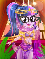 Size: 1800x2400 | Tagged: safe, artist:artmlpk, derpibooru import, sci-twi, twilight sparkle, genie, equestria girls, adorable face, adorasexy, adorkable, armlet, balcony, bare chest, bare shoulders, beautiful, belly, belly dancer, belly dancer outfit, bracelet, chair, clothes, crown, cute, dancing, design, digital art, dork, egyptian, eyelashes, fanart, geniefied, glasses, goddess, gold, hair, harem outfit, jewelry, leaf, looking at you, midriff, necklace, open mouth, outfit, palace, palm tree, pillow, plant, ponytail, pose, raised eyebrow, regalia, sarong, sexy, skirt, smiley face, smiling, smiling at you, solo, stupid sexy sci-twi, tree, twiabetes, veil, watermark