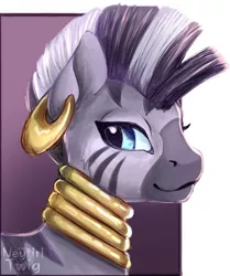 Size: 1080x1290 | Tagged: alternate version, artist:neytiri_dont_bite, bust, derpibooru import, ear piercing, earring, female, jewelry, mare, neck rings, piercing, safe, smiling, solo, zebra, zecora