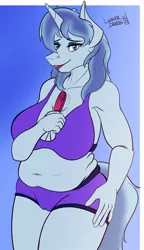 Size: 736x1280 | Tagged: suggestive, artist:lunarnobis, derpibooru import, oc, oc:frozen pop, unofficial characters only, anthro, unicorn, belly, belly button, big belly, big breasts, breasts, chubby, clothes, digital art, female, food, horn, horseface, looking at you, milf, muffin top, popsicle, saggy, shorts, solo, solo female, sports bra, sports shorts, tail, thighs, thunder thighs