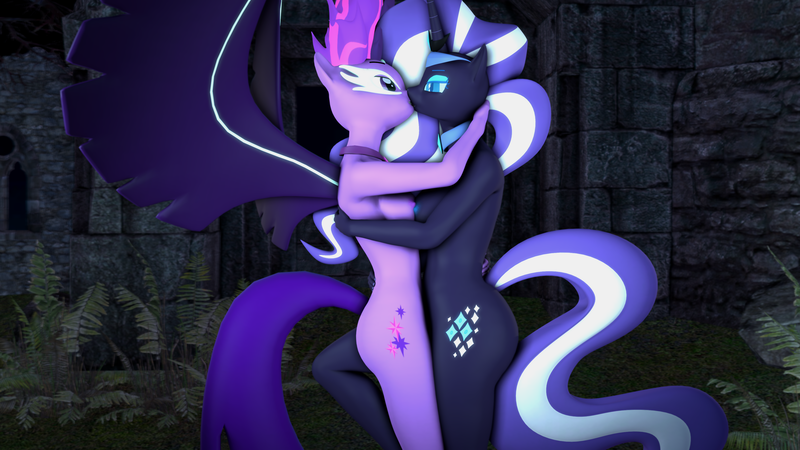 Size: 3840x2160 | Tagged: questionable, alternate version, artist:verdantro, derpibooru import, nightmare rarity, rarity, sci-twi, twilight sparkle, alicorn, anthro, unicorn, equestria girls, 3d, bedroom eyes, breasts, busty nightmare rarity, eye contact, female, females only, hug, kissing, lesbian, looking at each other, midnight nightmare rarilight, midnight sparkle, nipples, nudity, outdoors, rarilight, shipping, source filmmaker, symmetrical docking