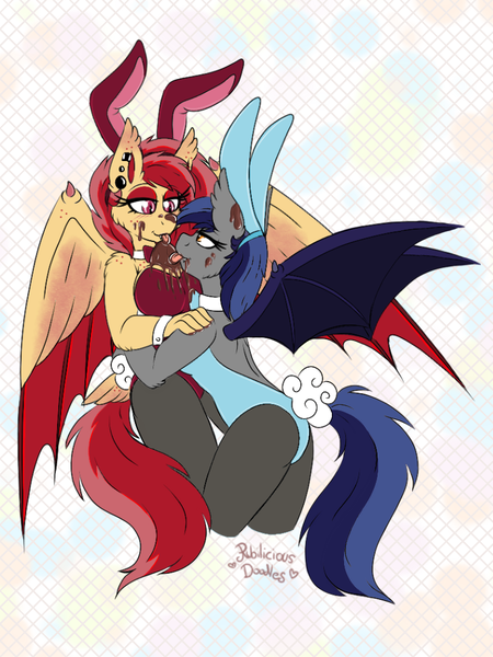 Size: 768x1024 | Tagged: suggestive, artist:emz2015, derpibooru import, oc, oc:echo, oc:ruby splash, unofficial characters only, anthro, bat pony, ass, bat pony oc, bat wings, bedroom eyes, breasts, bunny ears, bunny suit, busty echo, butt, chocolate, clothes, commission, digital art, ear piercing, fangs, female, food, lesbian, licking, looking at each other, messy eating, oc x oc, piercing, shipping, spread wings, tail, tongue out, wings