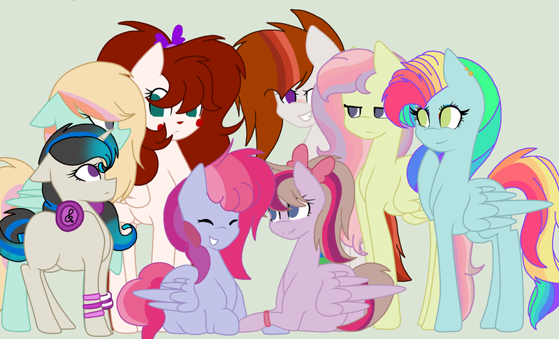 Size: 2830x1720 | Tagged: safe, artist:circuspaparazzi5678, derpibooru import, oc, oc:circus harmony, oc:dusky blitz, oc:elastic cannon, oc:radiant dust, oc:rainboom, oc:rainbow blitz, oc:rainbow splash, oc:spectrum cannon, pegasus, pony, unicorn, base used, bow, bracelet, crossover ship offspring, cute, ear piercing, earring, female, freckles, headphones, jewelry, magical lesbian spawn, multicolored hair, next generation, offspring, parent:angel wings, parent:circus baby, parent:fluttershy, parent:oc:breanna, parent:octavia melody, parent:pinkie pie, parent:rainbow dash, parent:twilight sparkle, parent:vinyl scratch, parents:canon x oc, parents:flutterdash, parents:pinkiedash, parents:scratchtavia, piercing, rainbow hair, wristband