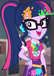 Size: 765x1080 | Tagged: safe, derpibooru import, screencap, sci-twi, twilight sparkle, equestria girls, equestria girls series, sunset's backstage pass!, spoiler:eqg series (season 2), bangs, clothes, collar, cropped, cute, female, glasses, hand on hip, indoors, messy, music festival outfit, paint, ponytail, public restroom, raised eyebrow, shirt, short sleeves, skirt, smiling, talking, twiabetes