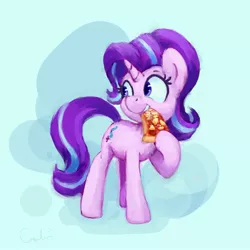 Size: 2700x2700 | Tagged: safe, artist:aemantaslim, derpibooru import, starlight glimmer, pony, unicorn, atg 2020, eating, everything is ruined, food, newbie artist training grounds, pineapple pizza, pizza, solo, that pony sure does love pineapple pizza