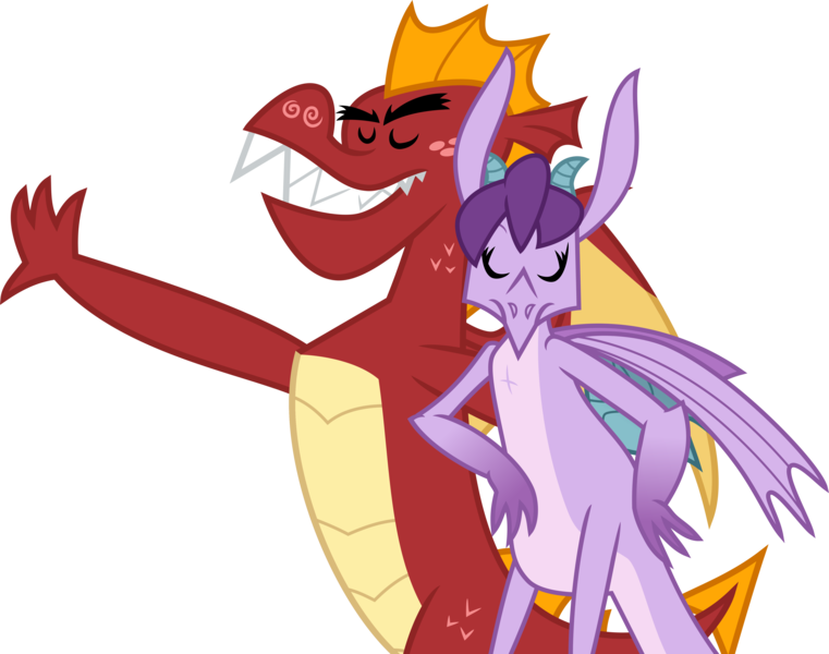 Size: 5073x4000 | Tagged: absurd resolution, artist:melisareb, derpibooru import, dragon, dragoness, duo, eyes closed, female, garbinence, garble, gauntlet of fire, inkscape, male, out of context, prominence, safe, shipping, simple background, straight, .svg available, teeth, transparent background, vector