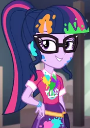 Size: 765x1080 | Tagged: safe, derpibooru import, screencap, sci-twi, twilight sparkle, equestria girls, equestria girls series, sunset's backstage pass!, spoiler:eqg series (season 2), bangs, clothes, collar, cropped, cute, female, glasses, indoors, lidded eyes, messy, music festival outfit, paint, ponytail, public restroom, raised eyebrow, shirt, short sleeves, skirt, smiling, talking, twiabetes