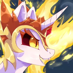 Size: 1500x1500 | Tagged: safe, artist:glazirka, derpibooru import, daybreaker, alicorn, pony, colored pupils, fangs, female, horn, jewelry, mane of fire, open mouth, regalia, smiling, solo, teeth