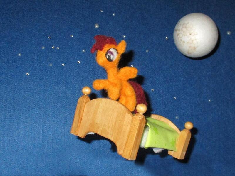 Size: 1024x768 | Tagged: alternate version, artist:malte279, bed, craft, derpibooru import, dream, felting, folded wings, moon, needle felted, night, night sky, pegasus, plushie, safe, scootaloo, sculpture, sky, wings