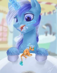 Size: 3000x3800 | Tagged: safe, artist:гусь, derpibooru import, minuette, oc, pony, unicorn, brushing teeth, chest fluff, ear fluff, glasses, glowing horn, horn, micro, sink, size difference, toothbrush, toothpaste