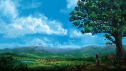 Size: 1920x1080 | Tagged: safe, artist:plainoasis, derpibooru import, tempest shadow, pony, unicorn, female, looking away, mare, outdoors, painting, scenery, scenery porn, sky, solo, standing, tempest's village, tree, village