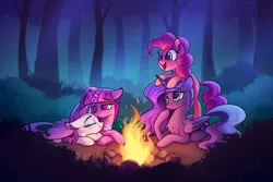 Size: 5250x3500 | Tagged: safe, artist:lollipony, derpibooru import, pinkie pie, princess luna, rarity, twilight sparkle, twilight sparkle (alicorn), alicorn, earth pony, pony, unicorn, fanfic:the enchanted kingdom, blushing, campfire, chest fluff, commission, cuddling, digital art, ear fluff, fanfic art, female, fire, floppy ears, forest, glowing horn, happy, horn, hug, jewelry, lesbian, looking down, looking up, lying down, magic, mare, necklace, night, open mouth, prone, raised hoof, rarilight, scenery, shipping, sleeping, smiling, winghug