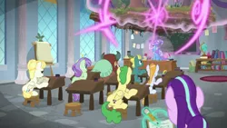 Size: 1920x1080 | Tagged: safe, derpibooru import, screencap, end zone, huckleberry, starlight glimmer, summer breeze, trixie, violet twirl, yona, earth pony, pegasus, unicorn, yak, a horse shoe-in, classroom, desk, friendship student, stool