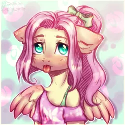 Size: 2000x2000 | Tagged: safe, artist:zefirka, derpibooru import, fluttershy, pegasus, semi-anthro, alternate hairstyle, clothes, cute, female, floppy ears, looking at you, mare, shirt, shyabetes, solo, tongue out