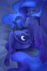 Size: 3744x5616 | Tagged: absurd resolution, alicorn, anthro, artist:hentwi, ass, bedroom eyes, butt, clothes, derpibooru import, dock, female, looking at you, looking back, looking back at you, looking over shoulder, mare, moonbutt, panties, panties around leg, panties pulled down, panty pull, princess luna, solo, solo female, suggestive, thong, underwear, unguligrade anthro
