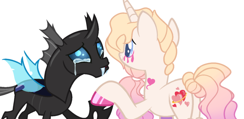 Size: 1473x720 | Tagged: safe, artist:fcrestnymph, derpibooru import, oc, oc:alveolus, oc:lollipop luxury, unofficial characters only, changeling, changepony, hybrid, pony, unicorn, crying, interspecies offspring, magical lesbian spawn, offspring, parent:fleur-de-lis, parent:princess cadance, parent:queen chrysalis, parent:shining armor, parents:fleurdance, parents:shining chrysalis, simple background, tears of joy, transparent background