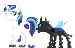 Size: 2247x1454 | Tagged: safe, artist:fcrestnymph, derpibooru import, shining armor, oc, oc:alveolus, changeling, changepony, hybrid, pony, interspecies offspring, offspring, parent:queen chrysalis, parent:shining armor, parents:shining chrysalis, simple background, story included, transparent background