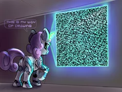 Size: 3977x3000 | Tagged: safe, artist:xbi, derpibooru import, sweetie belle, pony, robot, robot pony, unicorn, c, c++, code, computer program, dialogue, fractal, qr code, sweetie bot