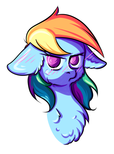 Size: 1972x2668 | Tagged: safe, artist:coco-drillo, derpibooru import, rainbow dash, pegasus, pony, annoyed, blushing, bust, cell shaded, chest fluff, ear blush, ear fluff, floppy ears, fluffy, natg2020, newbie artist training grounds, simple background, solo, transparent background, tsundere