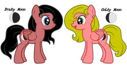 Size: 7680x4154 | Tagged: artist:damlanil, big ears, derpibooru import, duo, ear piercing, female, mare, oc, oc:draky moon, oc:goldy moon, pegasus, piercing, safe, simple background, sister, transparent background, twin, unofficial characters only, vector, wings