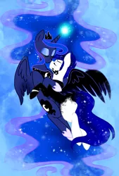 Size: 1080x1596 | Tagged: safe, artist:jvarts6112, derpibooru import, princess luna, oc, oc:isaac pony, alicorn, earth pony, pony, blue background, blue mane, blue tail, bright, canon x oc, eyes closed, female, hug, kissing, love, magic, male, my little pony, nightmare, romance, ship, simple background, two ponys, white skin