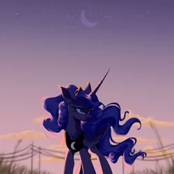 Size: 4000x4000 | Tagged: safe, artist:jun1313, derpibooru import, princess luna, alicorn, pony, absurd resolution, chest fluff, crescent moon, ear fluff, female, mare, moon, night, power line, sky, solo, stars