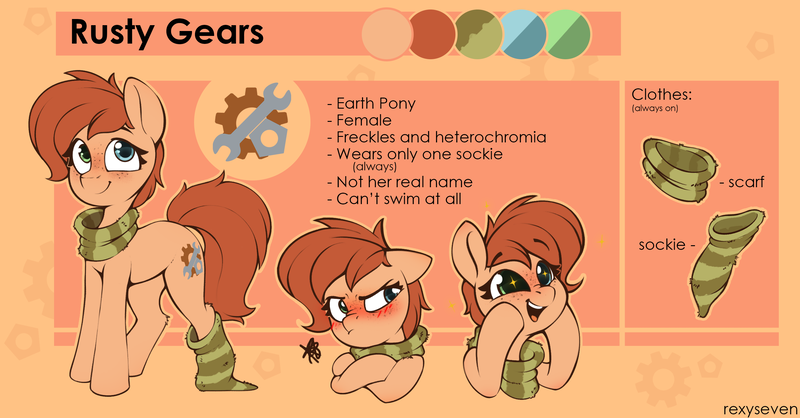 Size: 2605x1362 | Tagged: safe, artist:rexyseven, derpibooru import, oc, oc:rusty gears, earth pony, pony, blushing, clothes, female, freckles, heterochromia, mare, reference sheet, scarf, sock, socks, solo