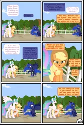 Size: 1920x2854 | Tagged: safe, artist:gutovi, derpibooru import, applejack, fluttershy, princess celestia, princess luna, alicorn, earth pony, pony, comic:why me!?, alternate ending, alternate hairstyle, applelestia, comic, female, freckles, implied group sex, implied sex, implied threesome, lesbian, missing accessory, pigtails, shipping, sweet apple acres