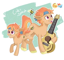 Size: 1150x1080 | Tagged: safe, artist:laescbr, derpibooru import, oc, oc:cider splash, earth pony, acoustic guitar, bandana, earth pony oc, freckles, guitar, magical lesbian spawn, male, musical instrument, next generation, offspring, parent:applejack, parent:rainbow dash, parents:appledash, shipping, simple background, transparent background