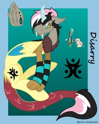 Size: 1280x1601 | Tagged: safe, artist:jackie-sheepwitch, derpibooru import, discord, fluttershy, oc, oc:disarray, draconequus, hybrid, pegasus, pony, draconequus oc, ear fluff, female, horn, interspecies offspring, male, mare, next generation, offspring, parent:discord, parent:fluttershy, parents:discoshy, reference sheet, wings