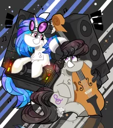 Size: 2400x2700 | Tagged: safe, artist:jxst-starly, derpibooru import, octavia melody, vinyl scratch, earth pony, pony, unicorn, abstract background, bass speakers, cheek fluff, dj table, musical instrument, violin