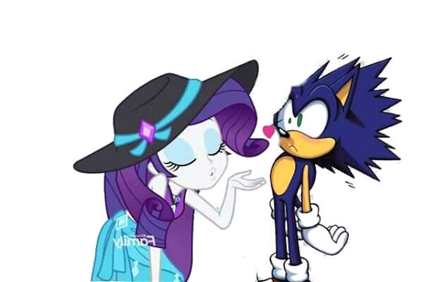 Size: 600x400 | Tagged: safe, derpibooru import, edit, rarity, equestria girls, background removed, blowing a kiss, clothes, crossover, crossover shipping, eyes closed, female, heart, kissing, male, rarisonic, shipping, simple background, sonic the hedgehog, sonic the hedgehog (series), straight, swimsuit, white background