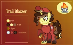 Size: 3001x1881 | Tagged: safe, alternate version, artist:n0kkun, derpibooru import, oc, oc:trail blazer (ice1517), unofficial characters only, pony, unicorn, boots, clothes, commission, ear piercing, earring, eyebrows, gradient background, grin, hat, jewelry, jumpsuit, lip piercing, male, mechanic, multicolored hair, oil, piercing, raised hoof, reference sheet, shoes, smiling, solo, stallion, tattoo